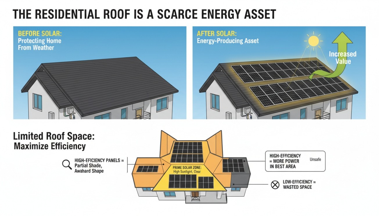 Residential roof shown as a scarce energy asset before and after solar installation, explaining why high-efficiency panels maximize limited roof space